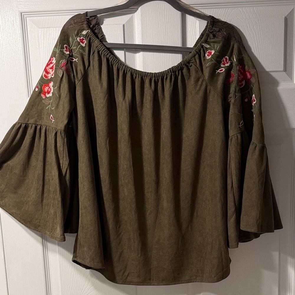 Umgee Olive Green Off-Shoulder Peasant Top with Pink Floral Embroidery.